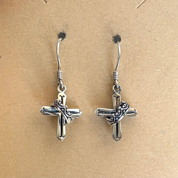Sterling Silver 925 Petite Dainty Cross & Crown Dangle Drop Earrings - Picture 1 of 16